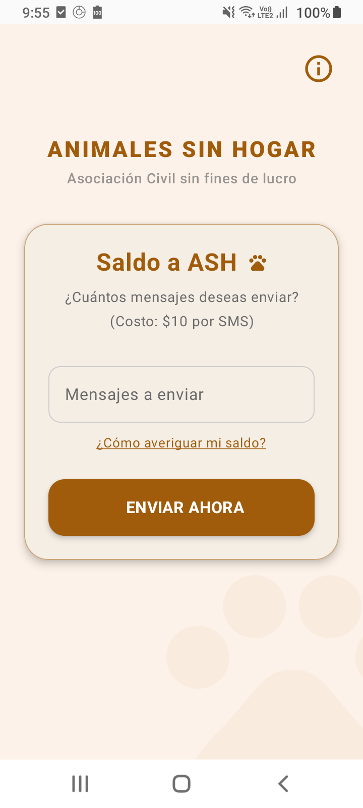 Saldo a ASH - Main screen